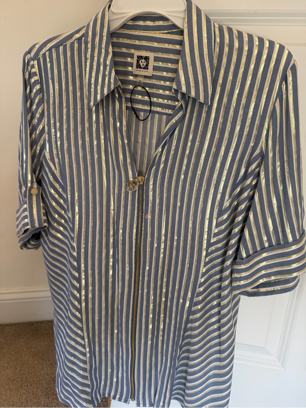 Anne Klein Blue and White Striped Zip-Front Button Down Shirt